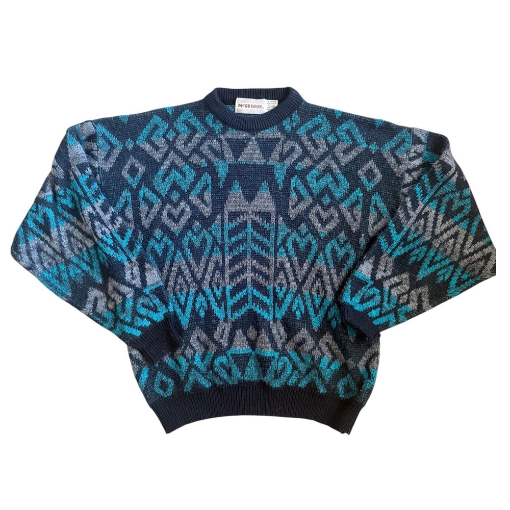 McGregor Vintage 90s Geometric Fair Isle Knit Sweater Navy Teal Grey XL